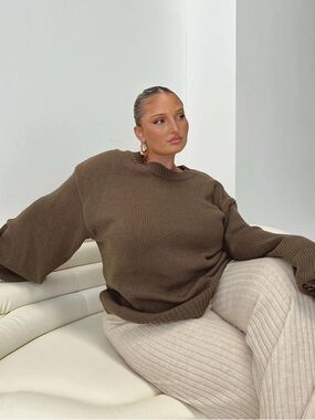 Princess Polly Curve Chocolate Brown Oversized Crew Neck Sweater